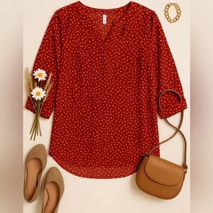 VISSHOW Plus Size 2XL Red Blouse – Minimal Floral Print V-Neck 3/4 Sleeve Top